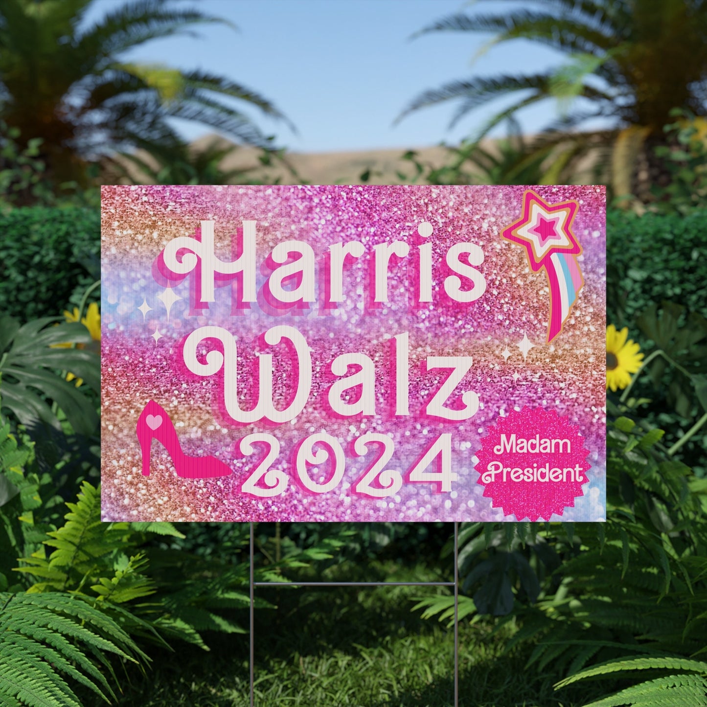 Harris Walz 2024 Vibrant Pink Glitter Plastic Yard Sign