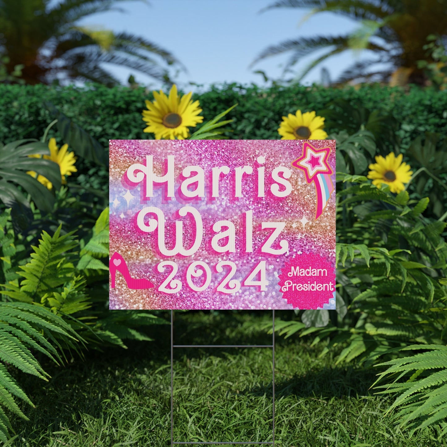 Harris Walz 2024 Vibrant Pink Glitter Plastic Yard Sign