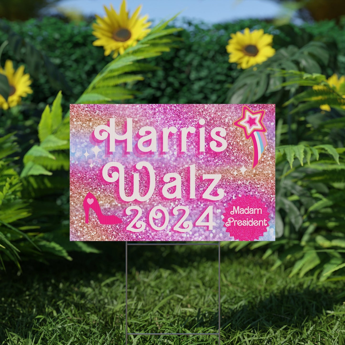 Harris Walz 2024 Vibrant Pink Glitter Plastic Yard Sign