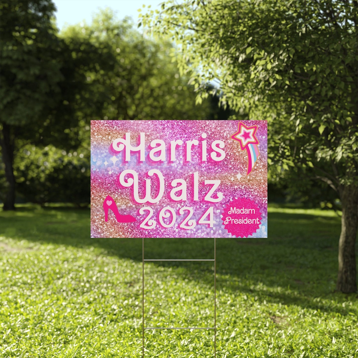 Harris Walz 2024 Vibrant Pink Glitter Plastic Yard Sign