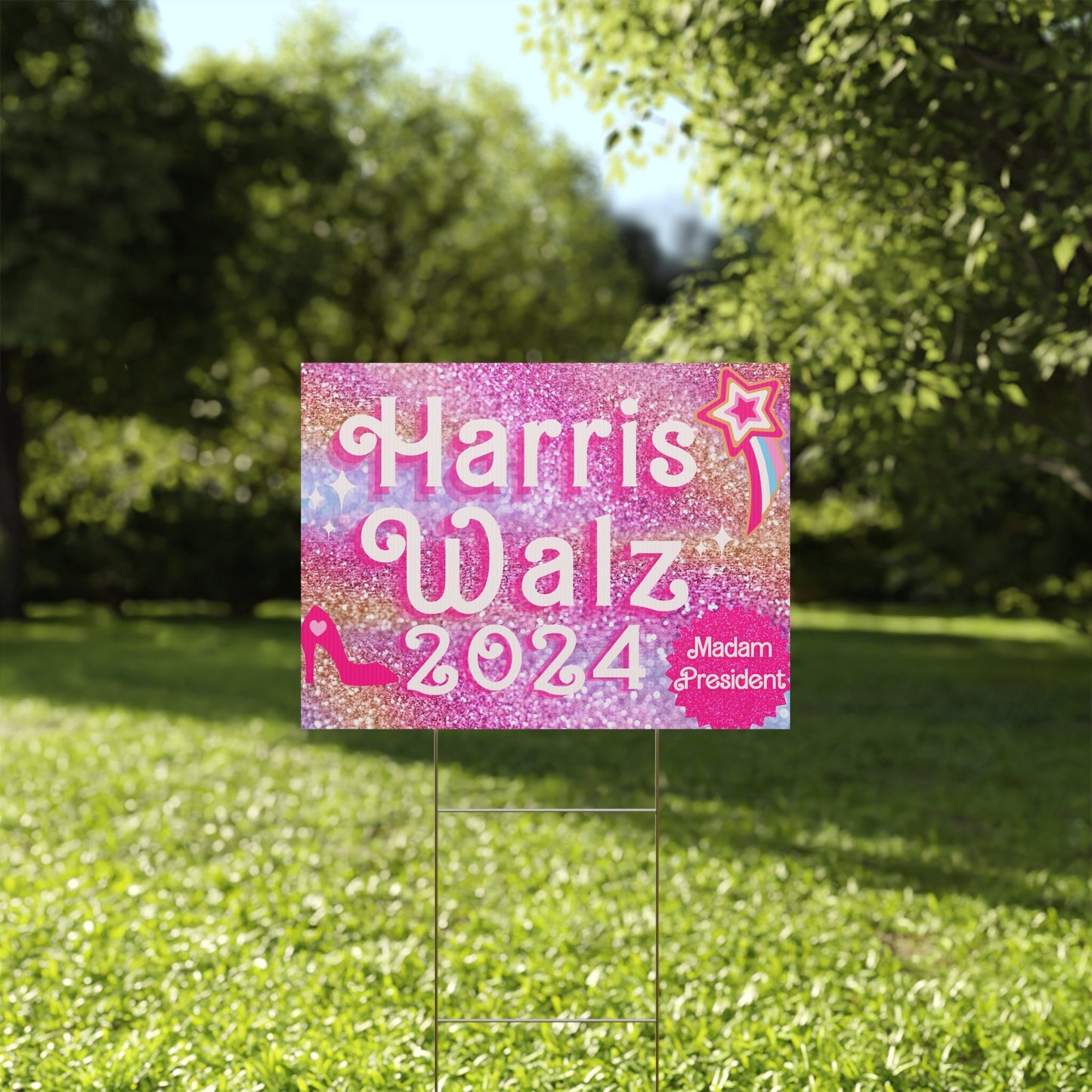 Harris Walz 2024 Vibrant Pink Glitter Plastic Yard Sign
